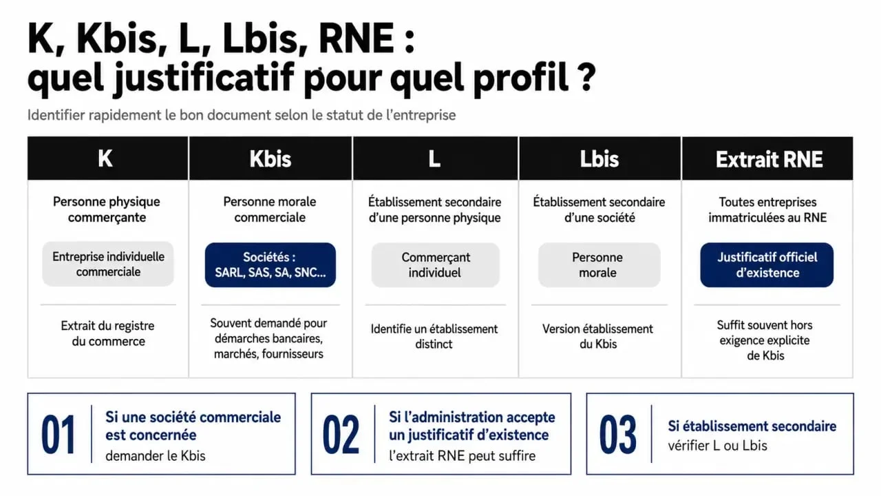 Extrait kbis : comparatif visuel des documents K, Kbis, L, Lbis et extrait RNE
