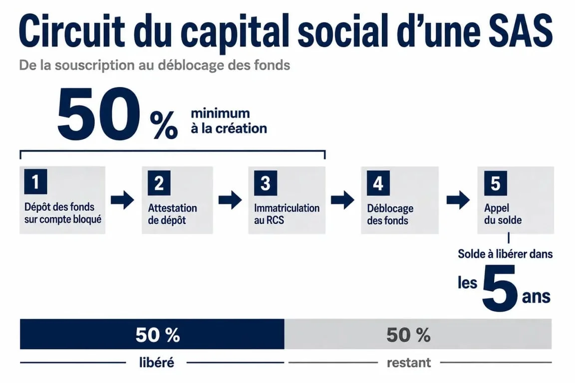 Capital social d’une SAS : schéma du dépôt des fonds, de l’attestation et du versement du solde