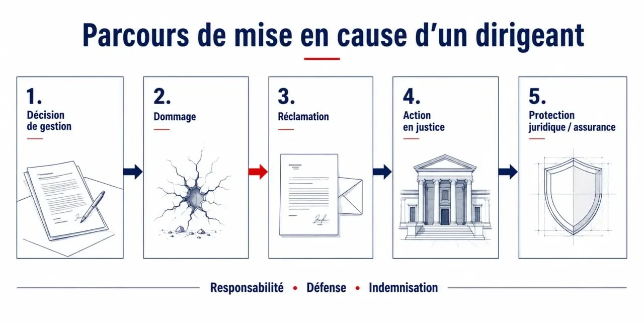 Schéma de la responsabilité civile du dirigeant : faute, préjudice, action et protection
