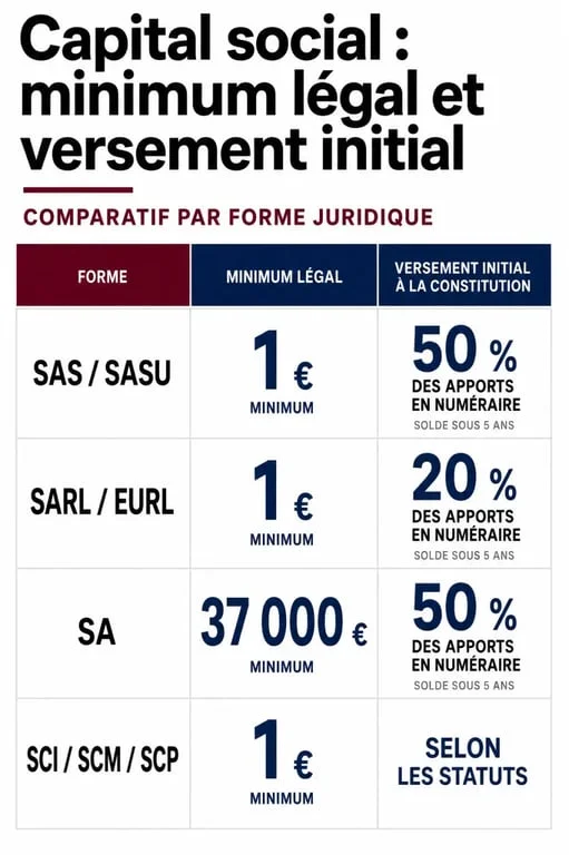 Capital social : comparaison des minimums légaux et du versement initial selon la forme juridique